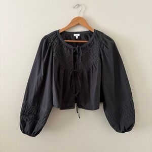 Aerie Cropped Tie Front Blouse Small Black Boho Peasant Balloon Sleeve